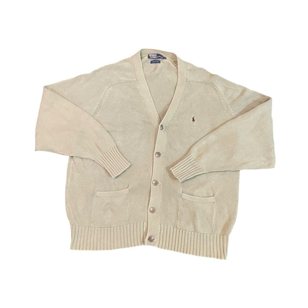 Vintage 90s Polo Ralph Lauren Beige Burgundy Cotton Cardigan Sweater Size XL USA